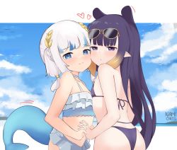 Rule 34 | 2girls, absurdres, ass, bikini, blue background, blue eyes, blue hair, blunt bangs, blush, closed mouth, cloud, cloudy sky, collarbone, commentary, cowboy shot, english commentary, eyewear on head, fins, fish tail, flat chest, frilled bikini, frills, gawr gura, grey hair, heads together, highres, holding hands, hololive, hololive english, multicolored hair, multiple girls, namiorii, ninomae ina&#039;nis, purple bikini, purple eyes, purple hair, shark girl, shark tail, signature, sky, standing, streaked hair, sunglasses, swimsuit, tail, tentacle hair, virtual youtuber, yuri