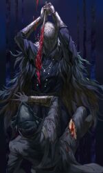 Rule 34 | 2boys, arms up, black hair, black pants, blood, bloodborne, bloody crow of cainhurst, chikage (bloodborne), cloak, coat, commentary, english commentary, feather-trimmed cape, gauntlets, hat, helm, helmet, highres, holding, holding sword, holding weapon, hunter (bloodborne), injury, lying, multiple boys, pants, sword, torn clothes, tricorne, weapon, yujia0412