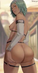 Rule 34 | 1girl, absurdres, ass, breasts, detached sleeves, fuu (naruto), highres, looking at viewer, looking back, naruto (series), nipples, nude, shexyo, short hair, small breasts, smile, solo, standing, thigh strap