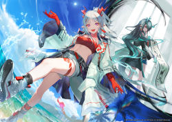 Rule 34 | 2girls, :d, arknights, arm tattoo, bandeau, bead bracelet, beads, black hair, black jacket, blue sky, boots, bracelet, braid, breasts, building, china dress, chinese clothes, cloud, cloudy sky, colored skin, dragon girl, dragon horns, dragon tail, dress, dusk (arknights), earrings, fangs, flame-tipped tail, green hair, hair over one eye, highres, holding, holding paintbrush, holding scroll, horns, hou (ppo), jacket, jewelry, leg tattoo, long hair, looking at viewer, looking back, midriff, multicolored hair, multiple girls, navel, necktie, nian (arknights), off shoulder, official art, open clothes, open jacket, open mouth, outdoors, paintbrush, pointy ears, ponytail, purple eyes, red bandeau, red eyes, red hair, red necktie, red skin, scroll, second-party source, shorts, siblings, sisters, sky, skyscraper, sleeveless, sleeveless dress, small breasts, smile, splashing, streaked hair, sun, tail, tassel, tassel earrings, tattoo, teeth, upper teeth only, very long hair, water, watermark, white dress, white footwear, white hair, white jacket, white shorts, wide sleeves