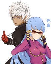 Rule 34 | 1boy, 1girl, anger vein, annoyed, artist request, blue hair, breasts, brown eyes, cross, cross necklace, dark skin, glasses, gloves, highres, jacket, jewelry, k&#039; (kof), kula diamond, long hair, musical note, necklace, parted lips, red eyes, red gloves, short hair, smile, sunglasses, the king of fighters, white hair