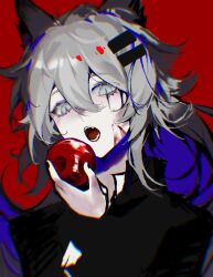 Rule 34 | 1girl, absurdres, animal ears, apple, arknights, black jacket, blood, blood on face, collared jacket, colored inner hair, commentary, fangs, food, fruit, hair ornament, hairclip, hand up, highres, holding, holding food, holding fruit, jacket, lappland (arknights), long hair, looking at viewer, moriiii, multicolored hair, open mouth, red background, simple background, slit pupils, solo, symbol-only commentary, upper body, white eyes, white hair, wide-eyed, wolf ears