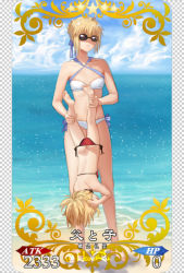 Rule 34 | 2girls, aged down, ahoge, artoria pendragon (all), artoria pendragon (fate), artoria pendragon (swimsuit archer) (first ascension) (fate), barefoot, beach, bikini, blonde hair, breasts, butt crack, card (medium), card parody, child, closed mouth, cloud, cloudy sky, commentary request, day, fate/grand order, fate (series), full body, hair ribbon, hands on own head, haneru, holding legs, lifting person, midriff, mordred (fate), mordred (fate) (all), mordred (swimsuit rider) (fate), mordred (swimsuit rider) (first ascension) (fate), mother and daughter, multiple girls, ocean, parody, red bikini, ribbon, saber (fate), sand, sky, small breasts, standing, star (symbol), sunglasses, swimsuit, twitter username, upside-down, white bikini