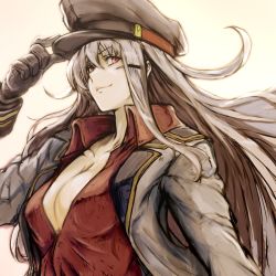 Rule 34 | 1girl, black gloves, breasts, closed mouth, facial scar, flat cap, gangut (kancolle), gloves, goodboy, grey hair, hair between eyes, hair ornament, hairclip, hat, jacket, kantai collection, large breasts, long hair, military, military hat, military jacket, military uniform, peaked cap, red eyes, red shirt, scar, scar on cheek, scar on face, shirt, simple background, smile, solo, uniform, white background, white jacket