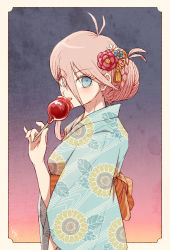 Rule 34 | 1girl, antenna hair, blonde hair, blue eyes, blue kimono, border, braid, breasts, candy apple, commentary, danganronpa (series), danganronpa v3: killing harmony, floral print, flower, food, from side, gradient background, hair flower, hair ornament, hakusoto, holding, iruma miu, japanese clothes, kimono, licking, long hair, looking at viewer, obi, open mouth, pink hair, red flower, sash, short hair, smile, solo, symbol-only commentary, tongue, tongue out, white border, wide sleeves, yukata