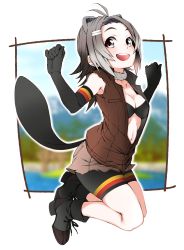 Rule 34 | 10s, 1girl, :d, absurdres, american beaver (kemono friends), animal ears, antenna hair, arms up, beaver ears, beaver tail, bike shorts, bikini, bikini top only, black bra, blush, boots, bra, breasts, cleavage, collarbone, elbow gloves, full body, fur collar, gloves, grey hair, hair ornament, hairclip, highres, jacket, jumping, kemono friends, looking at viewer, medium breasts, medium hair, multicolored hair, navel, open clothes, open jacket, open mouth, shorts, simple background, sleeveless, smile, solo, swimsuit, tail, teeth, torn clothes, two-tone hair, underwear, unzipped, vice (kuronekohadokoheiku), white background