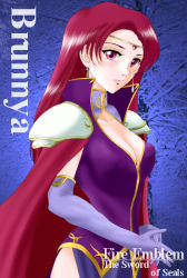 Rule 34 | 1girl, armor, breasts, brunnya (fire emblem), cape, character name, circlet, cleavage, copyright name, covered erect nipples, earrings, elbow gloves, female focus, fire emblem, fire emblem: the binding blade, gloves, hissaa (starlight express), jewelry, long hair, nintendo, red eyes, red hair, solo, white armor