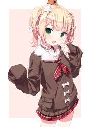Rule 34 | 1girl, :d, bad id, bad pixiv id, black cardigan, blonde hair, brown background, cardigan, commentary request, flower, gradient hair, green eyes, hair flower, hair ornament, hairclip, hololive, long sleeves, momosuzu nene, momosuzu nene (casual), multicolored hair, neckerchief, on head, open mouth, oueo, plaid neckerchief, pleated skirt, red neckerchief, red skirt, shirt, skirt, sleeves past fingers, sleeves past wrists, smile, solo, standing, twintails, two-tone background, virtual youtuber, white background, white flower, white shirt