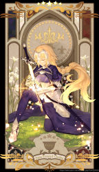 Rule 34 | 1girl, armor, armored boots, armored dress, blonde hair, blood, blue dress, boots, braid, cangkong, chain, dress, closed eyes, fate/apocrypha, fate/grand order, fate (series), faulds, flower, fur trim, gauntlets, glowing, glowing sword, glowing weapon, grass, headpiece, highres, holding, holding sword, holding weapon, jeanne d&#039;arc (fate), jeanne d&#039;arc (ruler) (fate), long braid, long hair, on one knee, single braid, sitting, solo, sword, thighhighs, very long hair, weapon, white flower