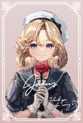 Rule 34 | 1girl, aruka, blonde hair, blue eyes, blue sailor collar, blush, closed mouth, dress, flower, hat, highres, holding, holding flower, janus (kancolle), kantai collection, looking at viewer, medium hair, red flower, sailor collar, sailor hat, short sleeves, smile, solo, upper body, white dress, white hat