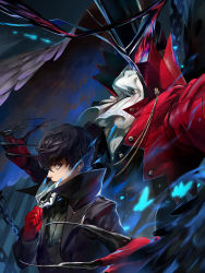 Rule 34 | 10s, 1boy, amamiya ren, arsene (persona 5), badluck, black hair, brown eyes, gloves, highres, holding, holding mask, looking at viewer, looking to the side, mask, persona, persona 5, red gloves, upper body