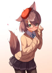 Rule 34 | 1girl, ame., animal ear fluff, animal ears, beret, black pantyhose, black skirt, blue ribbon, blush, breasts, brown background, brown eyes, brown hair, brown sweater, closed mouth, collared shirt, commentary request, copyright request, dress shirt, eyes visible through hair, glasses, gradient background, hair over one eye, hands up, hat, highres, long sleeves, looking at viewer, neck ribbon, pantyhose, pleated skirt, red-framed eyewear, red hat, ribbon, semi-rimless eyewear, shirt, skirt, sleeves past wrists, small breasts, smile, solo, sweater, tail, tail raised, tilted headwear, under-rim eyewear, virtual youtuber, white background, white shirt