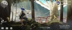 Rule 34 | 1girl, absurdres, arknights, black footwear, black jacket, blue eyes, blue hair, boots, character name, commentary, demon horns, detached wings, facing away, fake screenshot, floating hair, forest, gameplay mechanics, giant tree, grass, gyoukan (jfxc), halo, health bar, highres, hood, hooded jacket, horns, jacket, long sleeves, minimap, mostima (arknights), nature, off shoulder, outdoors, rope, scenery, shimenawa, shirt, solo, speech bubble, staff, torii, translated, tree, video game, white shirt, wide shot, wings