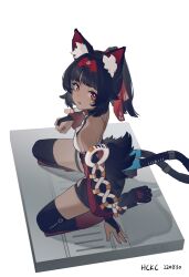 1girl absurdres animal_ear_fluff animal_ears artist_name black_bridal_gauntlets black_hair breasts bridal_gauntlets cable cable_tail cat_ears cat_girl cat_tail corset dark-skinned_female dark_skin drooling hairband hckc8750 highres kneeling long_hair looking_at_viewer mechanical_tail multiple_tails nekomiya_mana open_mouth ponytail red_corset red_eyes red_hairband red_sleeves small_breasts smile solo tail thighhighs two_tails zenless_zone_zero