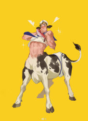 Rule 34 | 1boy, abs, absurdres, anchor tattoo, animal ears, bara, blue eyes, blush, centaur, cow boy, cow ears, cow tail, eating, fish, fish (food), full body, hand on own face, hat, highres, male focus, mature male, midriff, muscular, muscular male, navel, original, sailor, sailor collar, sailor hat, sailor shirt, shirt, short hair, shoulder tattoo, sideburns, solo, sparkle, stomach, tail, tattoo, taur, weibo logo, weibo watermark, xiaolumiaoliya, yellow background