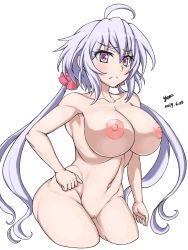 Rule 34 | 1girl, ahoge, blush, breasts, highres, large breasts, light purple hair, long hair, looking at viewer, low twintails, navel, nipples, nishiumi yuuta, nude, purple eyes, pussy, senki zesshou symphogear, shiny skin, simple background, solo, standing, thighs, twintails, white background, yukine chris