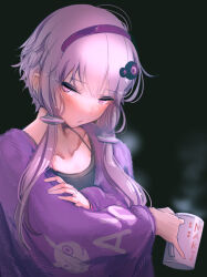 Rule 34 | 1girl, absurdres, alternate costume, at2., blush, collar, crossed arms, cup, hairband, hand on own arm, highres, holding, holding cup, purple eyes, purple hair, short hair with long locks, sideways glance, solo, steam, sweater, upper body, voiceroid, yuzuki yukari