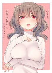 Rule 34 | 1girl, blush, breasts, brown hair, hair between eyes, half-closed eyes, hand on own chest, hand up, large breasts, looking at viewer, mole, mole under eye, nekoume, open mouth, original, outside border, red eyes, sidelocks, sleeves past wrists, smile, solo, sweater, turtleneck, turtleneck sweater, twintails, upper body, wavy hair