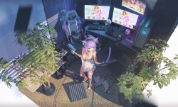 Rule 34 | 1girl, acoustic foam, animal, animal ears, black collar, breasts, cat, cat ears, cat girl, cat tail, chair, cleavage, collar, computer, computer tower, cucumbear073, cup, desk, food, from above, full body, gaming chair, glue gun, headphones, highres, himemori luna, holding, hololive, inugami korone, keyboard (computer), large breasts, listener (inugami korone), monitor, mouse (computer), mousepad (object), mug, nekomata okayu, office chair, onigiri, onigirya (nekomata okayu), plant, potted plant, purple eyes, purple hair, shirt, short hair, slippers, solo, speaker, standing, swivel chair, table, tail, temari (nekomata okayu), virtual youtuber, white shirt, wide shot, yellow footwear