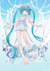 Rule 34 | 1girl, above clouds, absurdly long hair, absurdres, aqua eyes, aqua hair, bare shoulders, blue sky, blush, bow, choker, closed mouth, cloud, day, dress, flower, frilled choker, frills, full body, gloves, halter dress, halterneck, hatsune miku, head wreath, highres, kaede (shijie heping), lace, lace-trimmed legwear, lace-trimmed thighhighs, lace trim, layered dress, layered sleeves, long hair, looking at viewer, number tattoo, off-shoulder dress, off shoulder, ribbon, rose, short dress, short shorts, shorts, shorts under dress, shoulder tattoo, single bare leg, single thighhigh, sky, smile, solo, tattoo, thighhighs, twintails, very long hair, vocaloid, white bow, white choker, white dress, white flower, white gloves, white ribbon, white rose, white shorts, white theme, white thighhighs