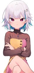Rule 34 | 1girl, :t, blue hair, blush, brown sweater, closed mouth, colored inner hair, crossed arms, crossed legs, hair ornament, hairclip, highres, lize helesta, lize helesta (5th costume), looking at viewer, multicolored hair, nijisanji, pout, purple eyes, short hair, sitting, solo, sukuna136, sweater, two-tone dress, v-shaped eyebrows, virtual youtuber, white hair