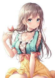 Rule 34 | 1girl, 3:, bad id, bad twitter id, between legs, black choker, blue eyes, blue shirt, blush, breasts, brown hair, choker, cleavage, closed mouth, collarbone, copyright request, cowboy shot, frills, hair ribbon, heart, high-waist skirt, highres, long hair, looking at viewer, medium breasts, r o ha, red ribbon, ribbon, shirt, short sleeves, sidelocks, simple background, sitting, skirt, solo, untying, white background, yellow skirt