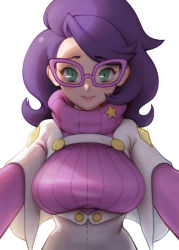 Rule 34 | 1girl, blush, breasts, closed mouth, commentary request, creatures (company), daidai (gz9617), game freak, glasses, green eyes, highres, large breasts, looking at viewer, medium hair, nintendo, pokemon, pokemon sm, purple-framed eyewear, purple hair, smile, solo, sweater, swept bangs, taut clothes, taut sweater, turtleneck, turtleneck sweater, upper body, wicke (pokemon)