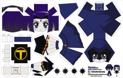 Rule 34 | 1girl, absurdres, animification, artist name, character name, chibi, cloak, colored skin, dc comics, el joey, facial mark, forehead mark, grey skin, highres, paper cutout, papercraft, purple eyes, purple hair, raven (dc), solo, teen titans, watermark, web address