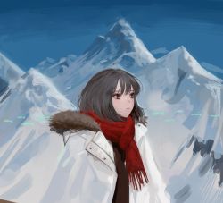 Rule 34 | 1girl, absurdres, bad id, bad twitter id, blue sky, brown shirt, closed mouth, coat, day, enpera, grey eyes, grey hair, highres, hood, hood down, hooded coat, medium hair, mountain, original, outdoors, oyabuli, red scarf, scarf, shirt, sky, snow, solo, upper body, white coat, white theme, winter clothes