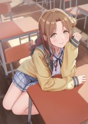 Rule 34 | 1girl, absurdres, black ribbon, blurry, blurry background, brown eyes, brown hair, brown jacket, chair, closed mouth, collared shirt, commentary request, depth of field, desk, dress shirt, grey skirt, hair bun, highres, ichikawa hinana, idolmaster, idolmaster shiny colors, indoors, jacket, long sleeves, looking at viewer, neck ribbon, on chair, open clothes, open jacket, parted bangs, puffy long sleeves, puffy sleeves, ribbon, school chair, school desk, school uniform, shirt, side bun, single hair bun, single side bun, skirt, sleeves past wrists, smile, solo, tuchinokoeffect, white shirt, wooden floor
