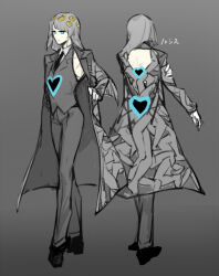 Rule 34 | 1girl, backless outfit, black footwear, black necktie, blue eyes, closed mouth, coat, e.g.o (project moon), employee (project moon), eye hair ornament, full body, grey background, grey coat, grey hair, grey pants, grey vest, heart, lobotomy corporation, long sleeves, looking to the side, necktie, nishikujic, pants, project moon, shoes, sidelocks, simple background, vest