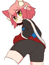 Rule 34 | 1girl, 7th dragon, 7th dragon (series), animal ear fluff, animal ears, ass, bike shorts, black shorts, blue jacket, blush, cat ears, fighter (7th dragon), gloves, green eyes, hair between eyes, hair bobbles, hair ornament, harukara (7th dragon), jacket, long sleeves, looking at viewer, looking back, naga u, one side up, parted lips, pink hair, red gloves, short shorts, shorts, simple background, solo, thighhighs, white background, white thighhighs