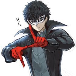 Rule 34 | 1boy, amamiya ren, black coat, black eyes, black hair, closed mouth, coat, gloves, igusaharu, index finger raised, long sleeves, looking at viewer, male focus, mask, open clothes, open coat, persona, persona 5, red gloves, simple background, solo, upper body, white background