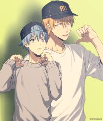 Rule 34 | 2boys, :p, backwards hat, baseball cap, black headwear, blonde hair, blue eyes, blue hair, blurry, blush, cardigan, casual, closed mouth, commentary request, depth of field, grey cardigan, hand up, hands up, hat, kise ryouta, kuroko no basuke, kuroko tetsuya, long sleeves, looking at viewer, looking to the side, male focus, mashima shima, multiple boys, pointing, pointing at self, shirt, short hair, simple background, smile, tongue, tongue out, twitter username, upper body, white shirt, yellow background, yellow eyes