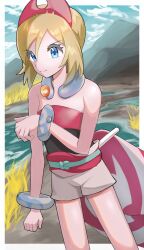 Rule 34 | 1girl, absurdres, bare shoulders, blonde hair, blue eyes, border, bracelet, closed mouth, cloud, creatures (company), day, eyelashes, flute, game freak, hair between eyes, hairband, highres, instrument, irida (pokemon), jewelry, neck ring, nintendo, outdoors, pokemon, pokemon legends: arceus, red hairband, sash, shirt, shorts, sky, smile, solo, standing, strapless, strapless shirt, tamakage (zeeh7854), waist cape, white border
