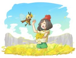 Rule 34 | 1girl, arm up, artist name, beanie, black hair, blue sky, border, closed eyes, cloud, cowboy shot, creatures (company), day, female focus, field, flat chest, floating, floral print, flower, flower field, full body, game freak, gen 7 pokemon, green shorts, hair flower, hair ornament, hands up, happy, hat, miu (miuuu 721), nintendo, open mouth, outdoors, petals, poke ball theme, pokemon, pokemon (creature), pokemon sm, red hat, ribombee, selene (pokemon), shirt, short hair, short shorts, short sleeves, shorts, signature, sky, smile, standing, tied shirt, undershirt, white border, yellow flower, yellow shirt