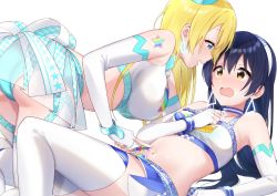 Rule 34 | 2girls, all fours, arm support, ass, ayase eli, bare shoulders, blonde hair, blue eyes, blue hair, blush, bodypaint, boots, choker, crop top, earrings, elbow gloves, embarrassed, eye contact, fingerless gloves, gloves, hair between eyes, hair down, highres, jewelry, knee up, leaning back, long hair, looking at another, love live!, love live! school idol project, midriff, multiple girls, nanatsu no umi, navel, open mouth, race queen, ribbon, simple background, sonoda umi, stomach, swept bangs, thigh boots, white background, white gloves, yellow eyes, yuri
