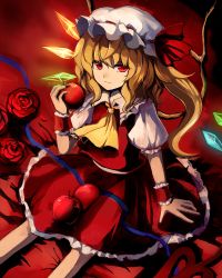 Rule 34 | 1girl, apple, ascot, blonde hair, crystal, flandre scarlet, flower, food, frilled skirt, frills, fruit, hat, hat ribbon, laevatein, looking at viewer, maho moco, mob cap, puffy sleeves, red background, red eyes, red flower, red rose, ribbon, rose, shirt, short hair, short sleeves, simple background, sitting, skirt, skirt set, smile, solo, touhou, vest, white shirt, wings, wrist cuffs