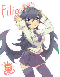 Rule 34 | 1girl, arms up, bad id, bad pixiv id, black hair, black thighhighs, character name, extra mouth, filia (skullgirls), long hair, necktie, rawan, red eyes, samson (skullgirls), skullgirls, solo, thighhighs
