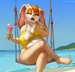 Rule 34 | 1girl, alternate costume, animal nose, anklet, beach, bikini, blue sky, body fur, breasts, brown eyes, brown eyeshadow, brown fur, covered erect nipples, day, food, furry, furry female, highres, holding, holding food, holding ice cream, ice cream, ice cream cone, jewelry, large breasts, looking at viewer, navel, ocean, outdoors, plump, rabbit girl, sagging breasts, sand, sky, solo, sonic (series), swimsuit, tongue, tongue out, totesfleisch8, vanilla the rabbit, water, white fur, yellow bikini