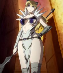 Rule 34 | 1girl, angry, armor, belt, blonde hair, blue eyes, bra, breasts, collar, earrings, elina (queen&#039;s blade), female focus, gauntlets, highres, jewelry, large breasts, looking down, necklace, polearm, queen&#039;s blade, solo, spear, standing, stitched, thighs, third-party edit, underwear, weapon