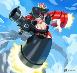 Rule 34 | 1girl, bags under eyes, black dress, black eyes, black hair, breasts, bullet bill, cleavage, commentary, crown, dress, elbow gloves, english commentary, eyelashes, fingernails, flying, full body, gloves, holding, holding weapon, huge weapon, long hair, low twintails, mario (series), medium breasts, multicolored hair, new super mario bros. u deluxe, nintendo, no feet, no legs, red hair, rocket launcher, sharp fingernails, sharp teeth, simon stafsnes andersen, solo, super crown, teeth, twintails, two-tone hair, weapon, white gloves
