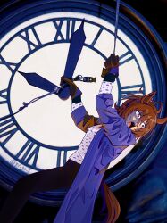 Rule 34 | 1girl, absurdres, agnes tachyon (umamusume), ahoge, animal ears, back to the future, brown eyes, brown hair, clock, clock tower, coat, cosplay, dangling, earrings, emmett brown, emmett brown (cosplay), gloves, hair between eyes, highres, holding, horse ears, horse girl, horse tail, jewelry, long sleeves, open mouth, pants, parody, scene reference, single earring, solo, sweatdrop, tail, tower, trait connection, twitter username, umamusume, wire, yogoto (yo go t)