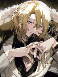 Rule 34 | 1boy, black shirt, blonde hair, breasts, closed mouth, collared shirt, commentary request, formal, fur trim, hair between eyes, heart, highres, jacket, jewelry, large breasts, looking at viewer, luca kaneshiro, male focus, nijisanji, nijisanji en, one side up, own hands together, purple eyes, ring, shirt, smile, sofra, solo, suit, upper body, virtual youtuber, white jacket