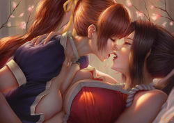 Rule 34 | 2girls, breast press, breasts, brown hair, choker, cleavage, closed eyes, crossover, dead or alive, fatal fury, female focus, flower, hair ribbon, kasumi (doa), kiss, large breasts, long hair, multiple girls, ninja, open mouth, ponytail, raphire, ribbon, shiranui mai, short sleeves, the king of fighters, trait connection, white choker, yellow ribbon, yuri