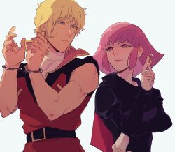 Rule 34 | 1boy, 1girl, belt, blonde hair, blue eyes, char aznable, crossed arms, cuffs, frown, gundam, haman karn, handcuffs, holding, holding key, key, long sleeves, looking at another, muscular, muscular male, no pupils, otenki93, parted lips, pink hair, purple eyes, quattro bajeena, shirt, short hair, simple background, sleeveless, smile, sparkle, sweat, turtleneck, upper body, white background, white shirt, zeta gundam