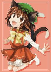 Rule 34 | 1girl, :d, animal ear piercing, animal ears, arms up, bloomers, bow, bowtie, brown eyes, brown hair, cat ears, cat tail, chen, commentary request, drop shadow, earrings, fangs, full body, gold trim, green hat, hair between eyes, happy, hat, jewelry, light blush, long sleeves, looking at viewer, medium hair, mob cap, multiple tails, nekomata, open mouth, pink background, red skirt, red vest, simple background, single earring, skirt, skirt set, slit pupils, smile, socks, solo, tail, takahashi kouta, teeth, touhou, two tails, underwear, upper teeth only, vest, yellow bow, yellow bowtie