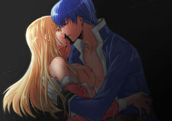 Rule 34 | 1boy, 1girl, bad source, blonde hair, blue coat, blue hair, breasts, coat, finn (fire emblem), fire emblem, fire emblem: genealogy of the holy war, gloves, imminent kiss, lachesis (fire emblem), large breasts, long hair, looking at another, nintendo, source request, tori ko, uncensored, undressing, white gloves