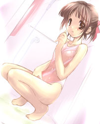 Rule 34 | barefoot, brown eyes, brown hair, flat chest, leotard, one-piece swimsuit, ponytail, ribbon, showering, solo, squatting, swimsuit, wet