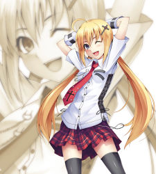 Rule 34 | 1girl, ahoge, arms behind head, arms up, black thighhighs, blonde hair, chain, cross, cross-laced clothes, cross hair ornament, detached sleeves, hair ornament, long hair, necktie, one eye closed, original, plaid, plaid skirt, purple eyes, skirt, smile, solo, taiyou, thighhighs, twintails, wink, zettai ryouiki, zipper, zoom layer
